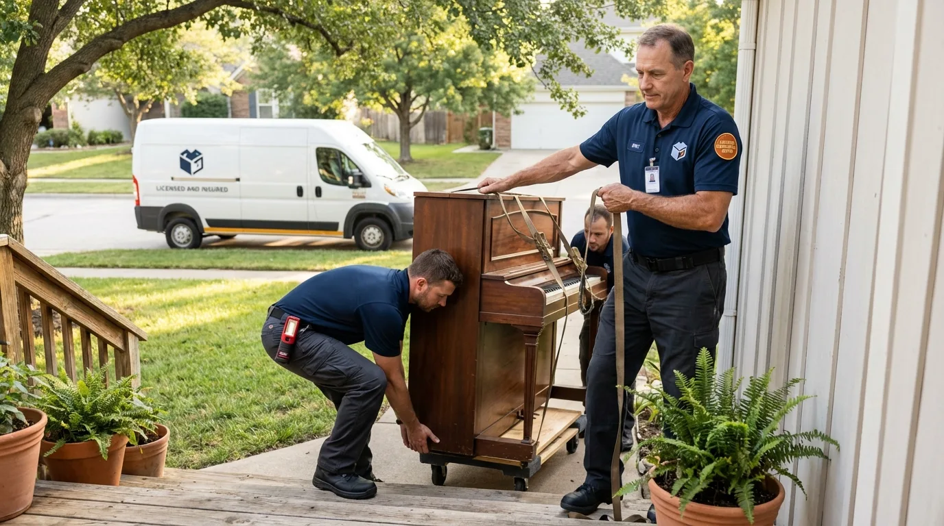 Licensed piano movers securing grand piano in Baltimore, OH