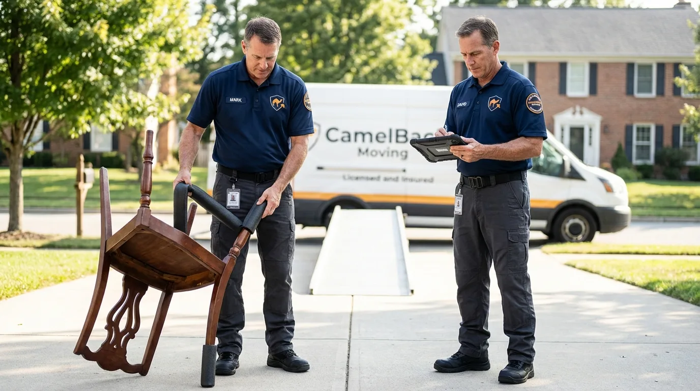 Movers inspecting furniture for damage prevention before loading in Baltimore, OH